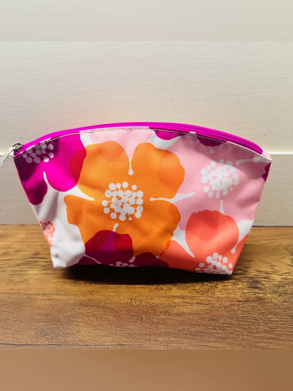 Clinique Floral Cosmetic Makeup Bag Pink Orange Magenta Zip Pouch‎ Travel